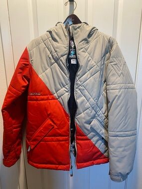 Burton Red and Cement The White Collection Hooded Snowboarding Puffer Jacket EUC